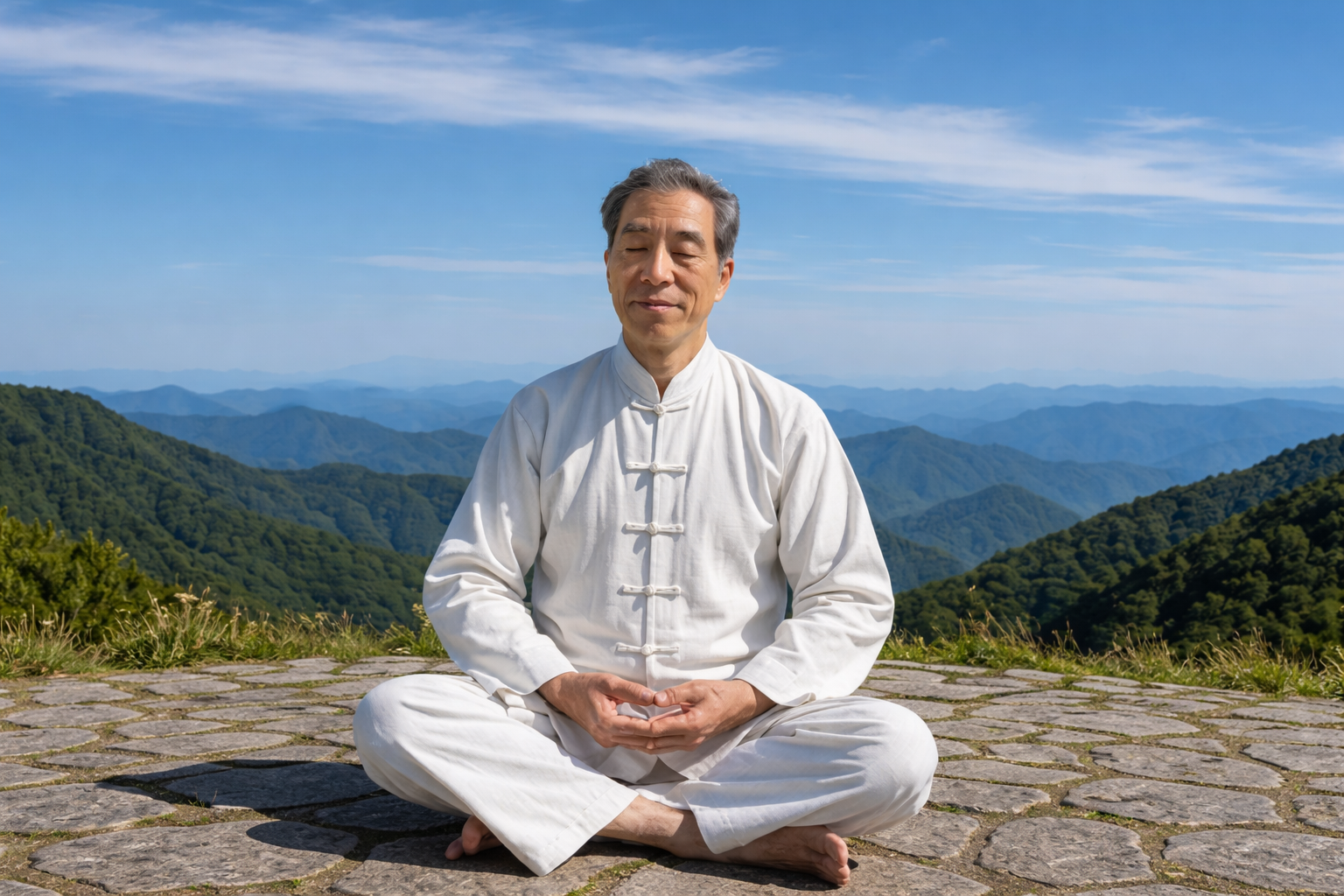 山頂で白い太極服を着て座るクリエーターの近影。自然と調和し、道（タオ）の思想を体現する姿を写しています。